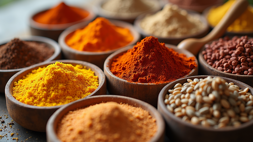 High angle view of fresh spices and grains in open containers