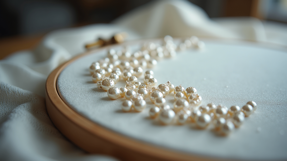 Eye-level view of embroidery hoop with pearl sequins being sewn onto fabric