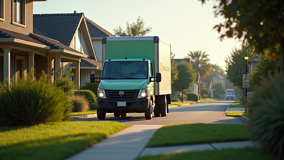 Eye-level view of a grocery delivery truck parked in a suburban neighborhood