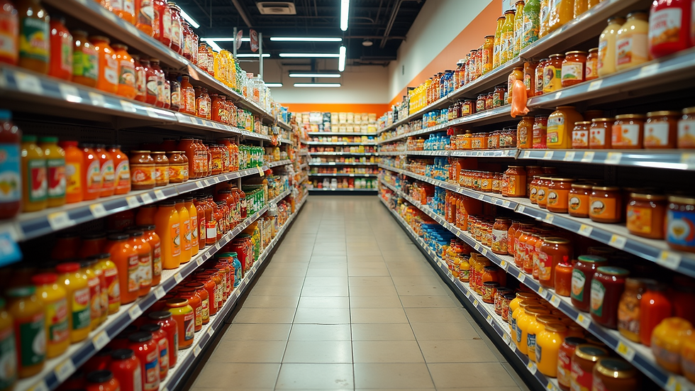 High angle view of a Mexican supermarket aisle with colorful products