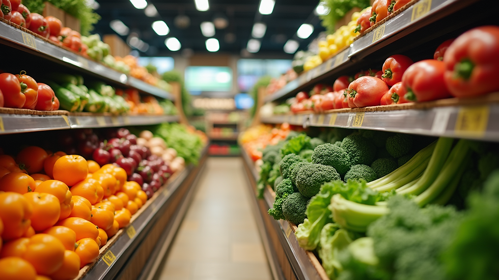 Eye-level view of grocery store aisle filled with fresh vegetables