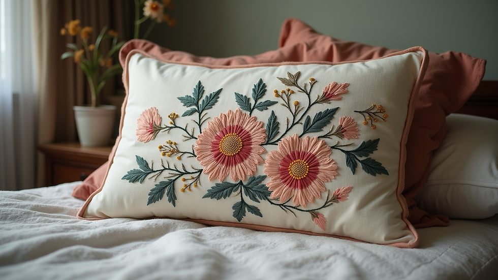 Eye-level view of embroidered cushion with intricate floral design