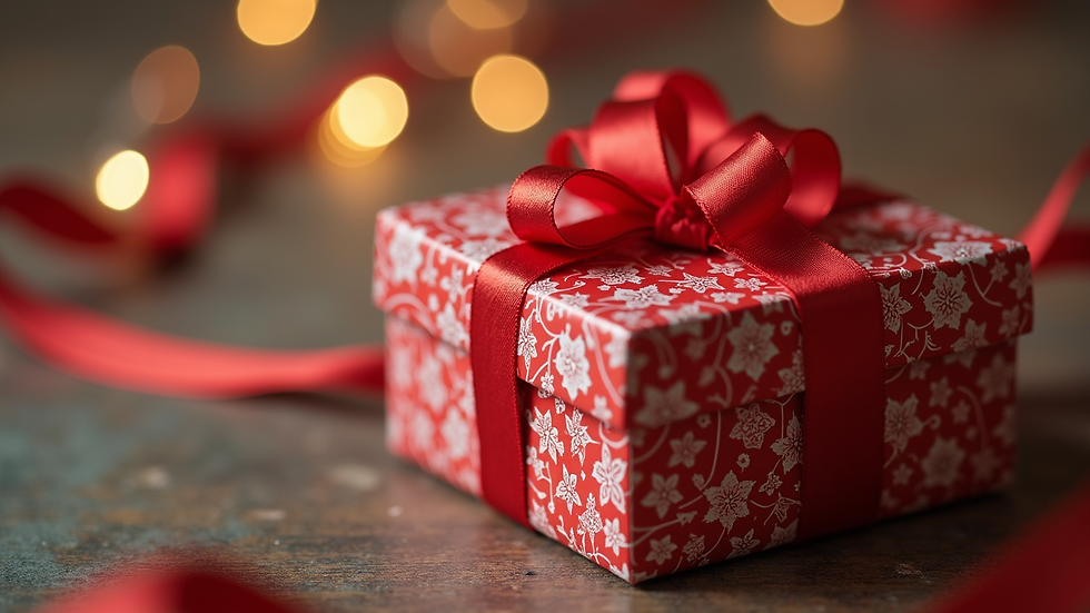 Close-up view of a festive gift box with intricate designs and ribbons