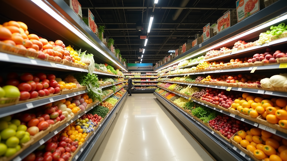 Eye-level view of grocery store aisle with fresh fruits and vegetables