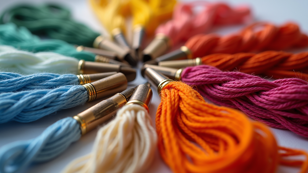 Close-up view of colourful rayon embroidery threads neatly arranged
