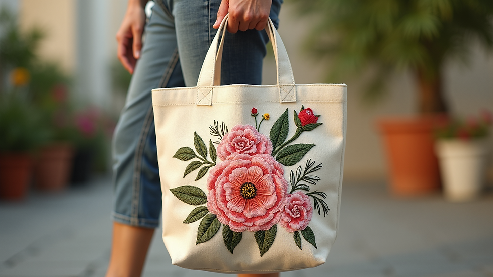 Eye-level view of embroidered floral design on tote bag