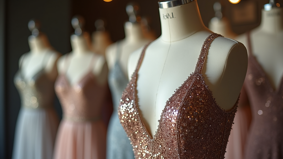 Eye-level view of a sequined evening gown on a mannequin