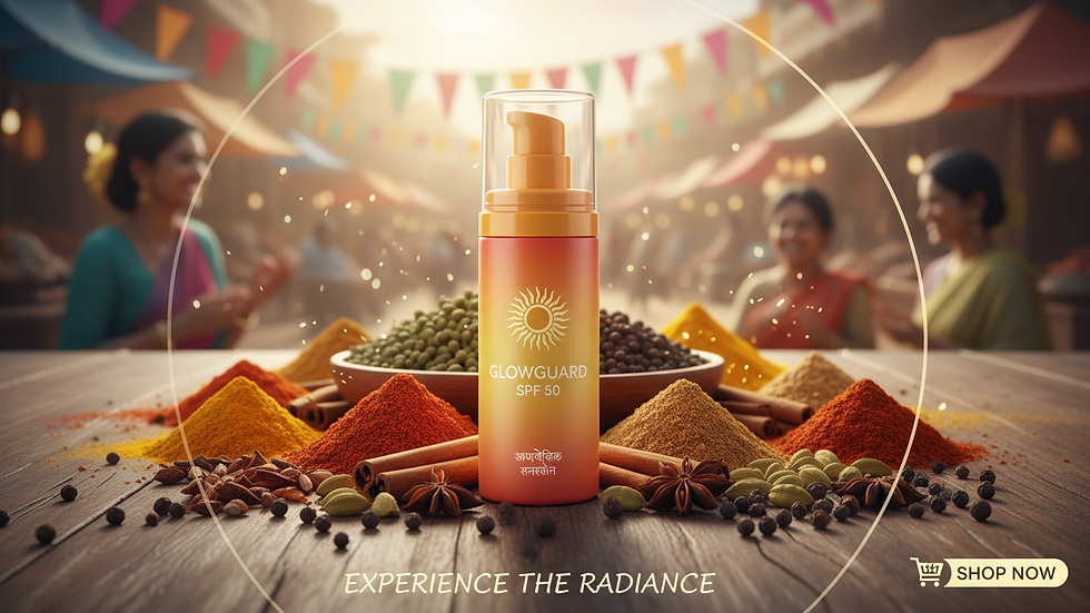 Close-up view of sunscreen bottle with Indian spices in the background