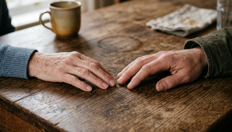 Close-up view of two hands almost touching on a kitchen table