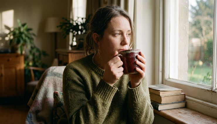 Eye-level view of a person holding a warm mug with both hands near a window