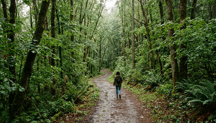 Wide-angle view of a quiet walking path through trees after rain