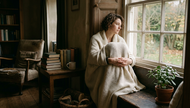 Eye-level view of a person sitting alone beside a window with soft morning light