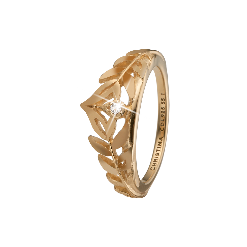 Princess Leaves Ring with One White Genuine Topaz Gemstone - 18K Gold Plated