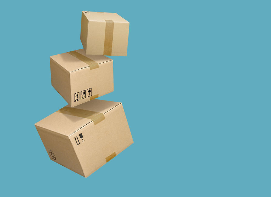 Closed and taped cardboard boxes flying isolated on turquoise blue background.jpg