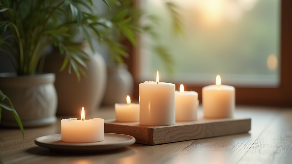 Close-up view of a serene meditation space with candles and plants