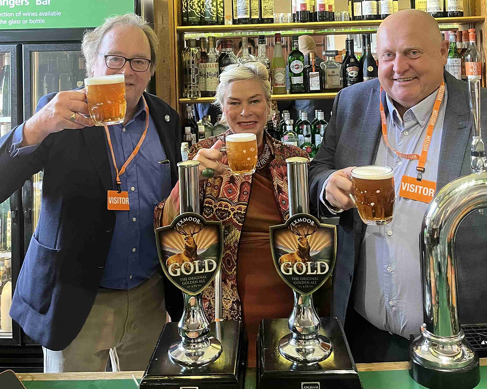 L to R - Jonathan Price, Chairman. Rachel Gilmour, MP for Tiverton and Minehead. Shaun Vockins, Head Brewer.