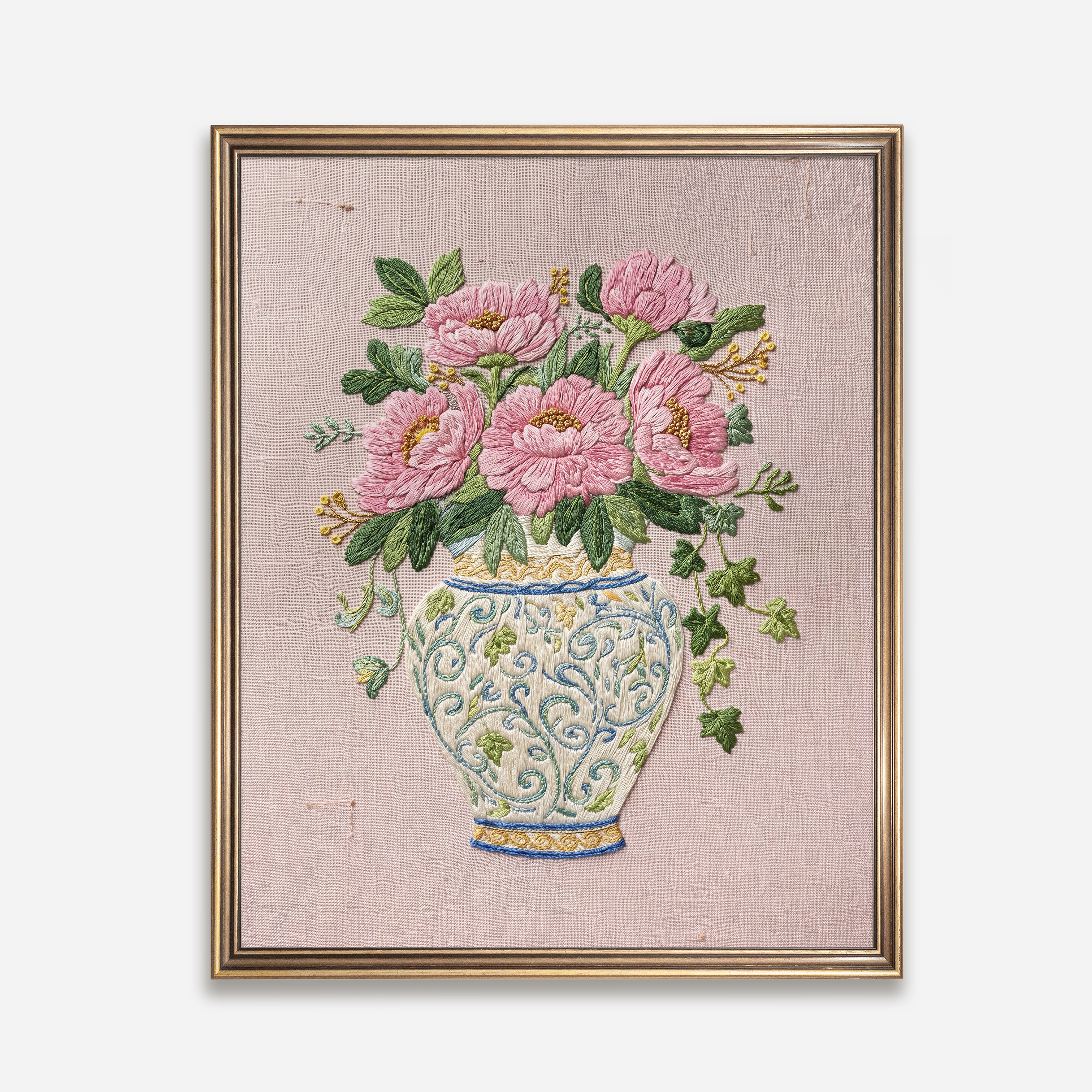 Cottagecore peony vase embroidery style wall art printable by Luxy Vibes framed on a wall