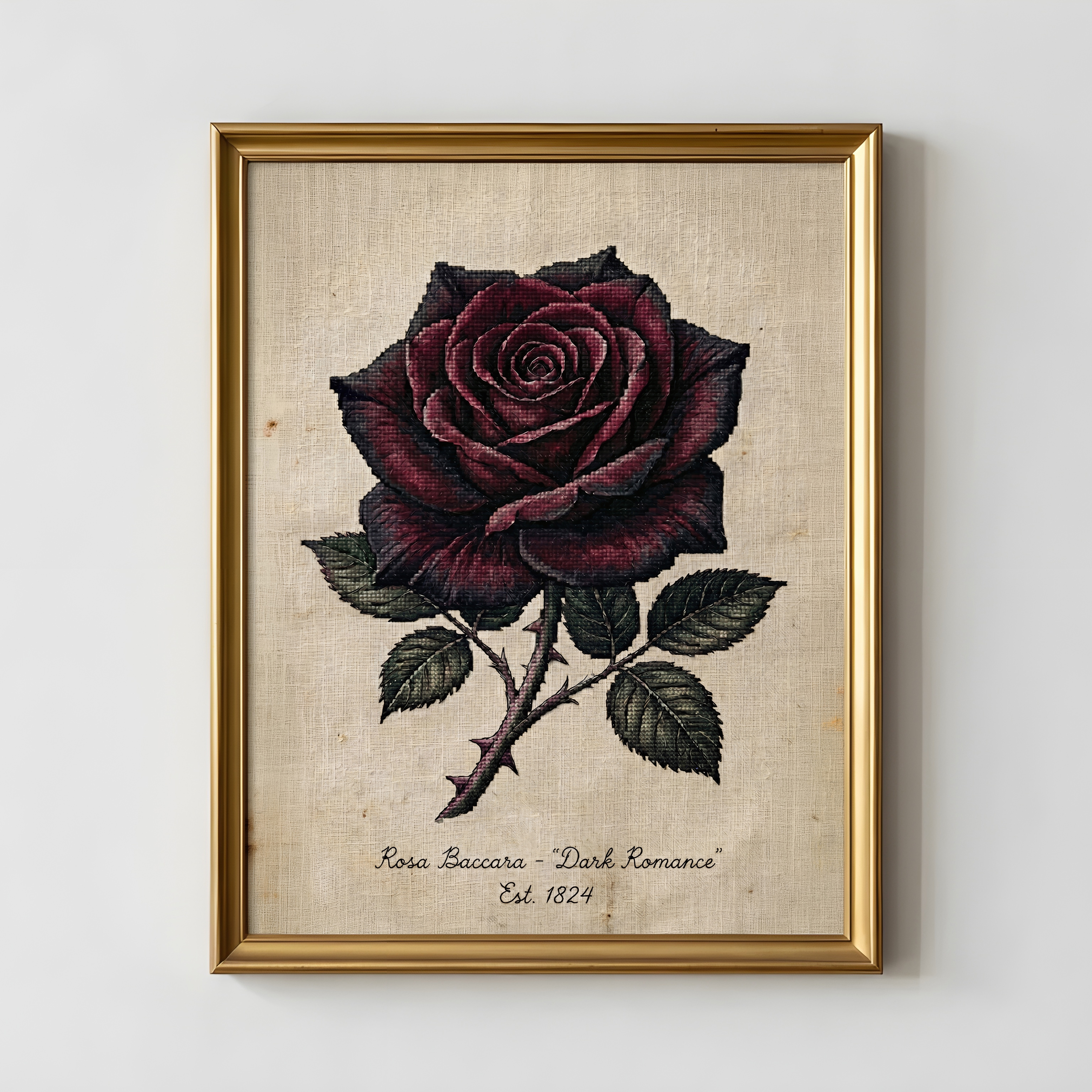 Dark romance cross-stitch rose wall art printable by Luxy Vibes in a moody bedroom setting