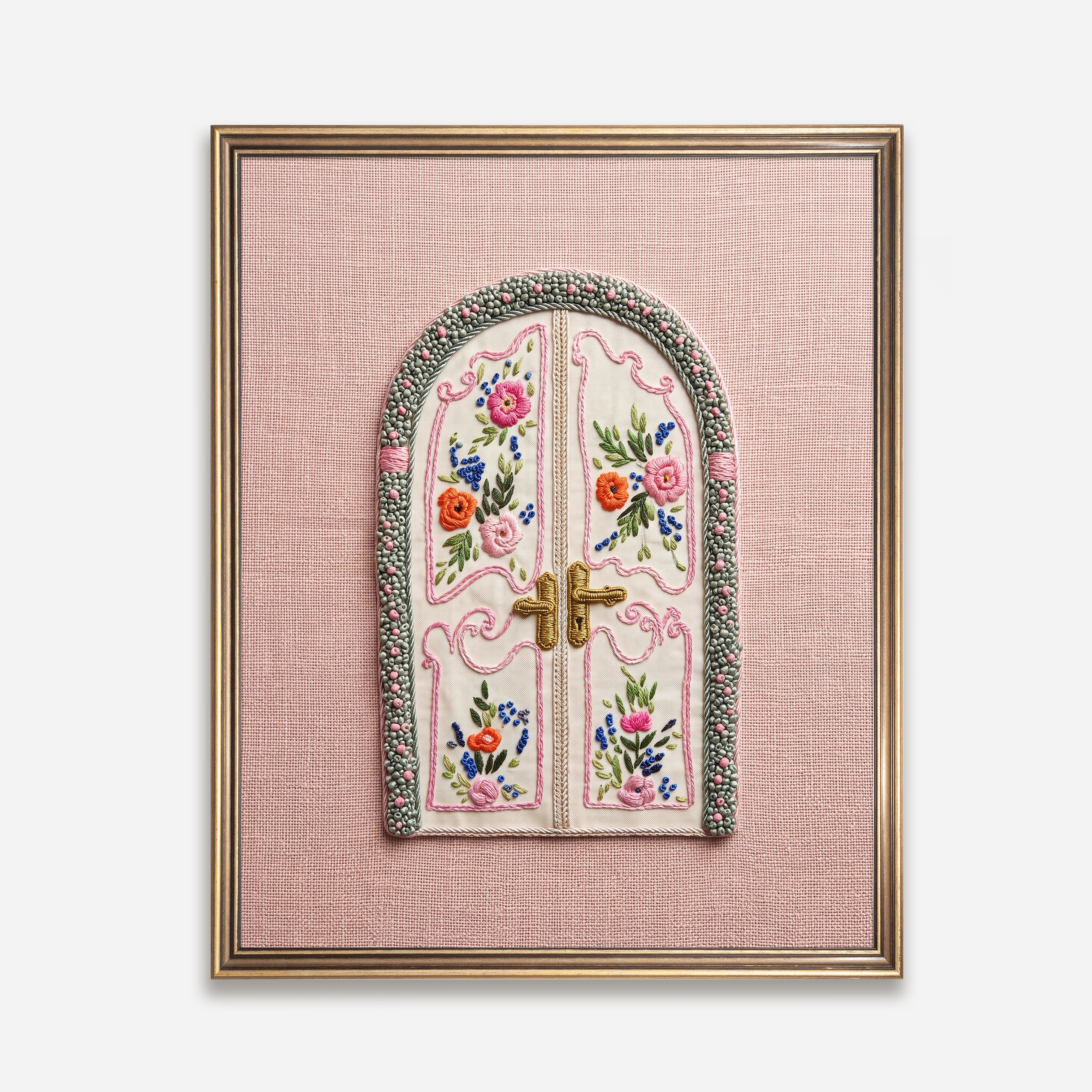Cottagecore French floral door embroidery style wall art printable by Luxy Vibes in a living room