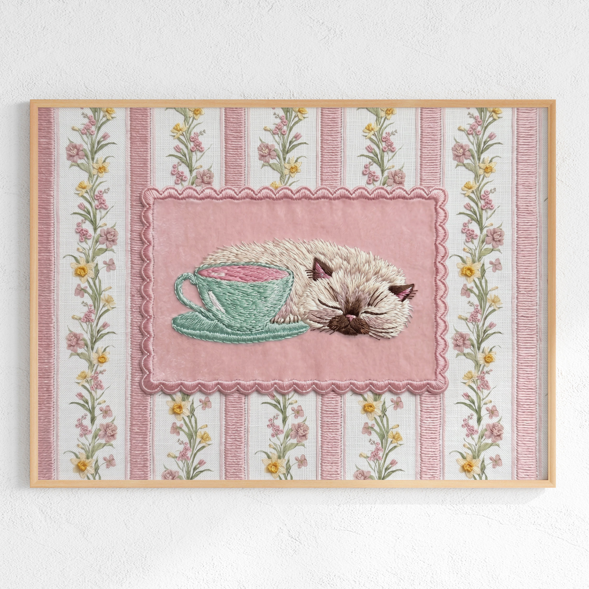 Whimsical Cat Wall Art Print Cottagecore | Embroidery Style