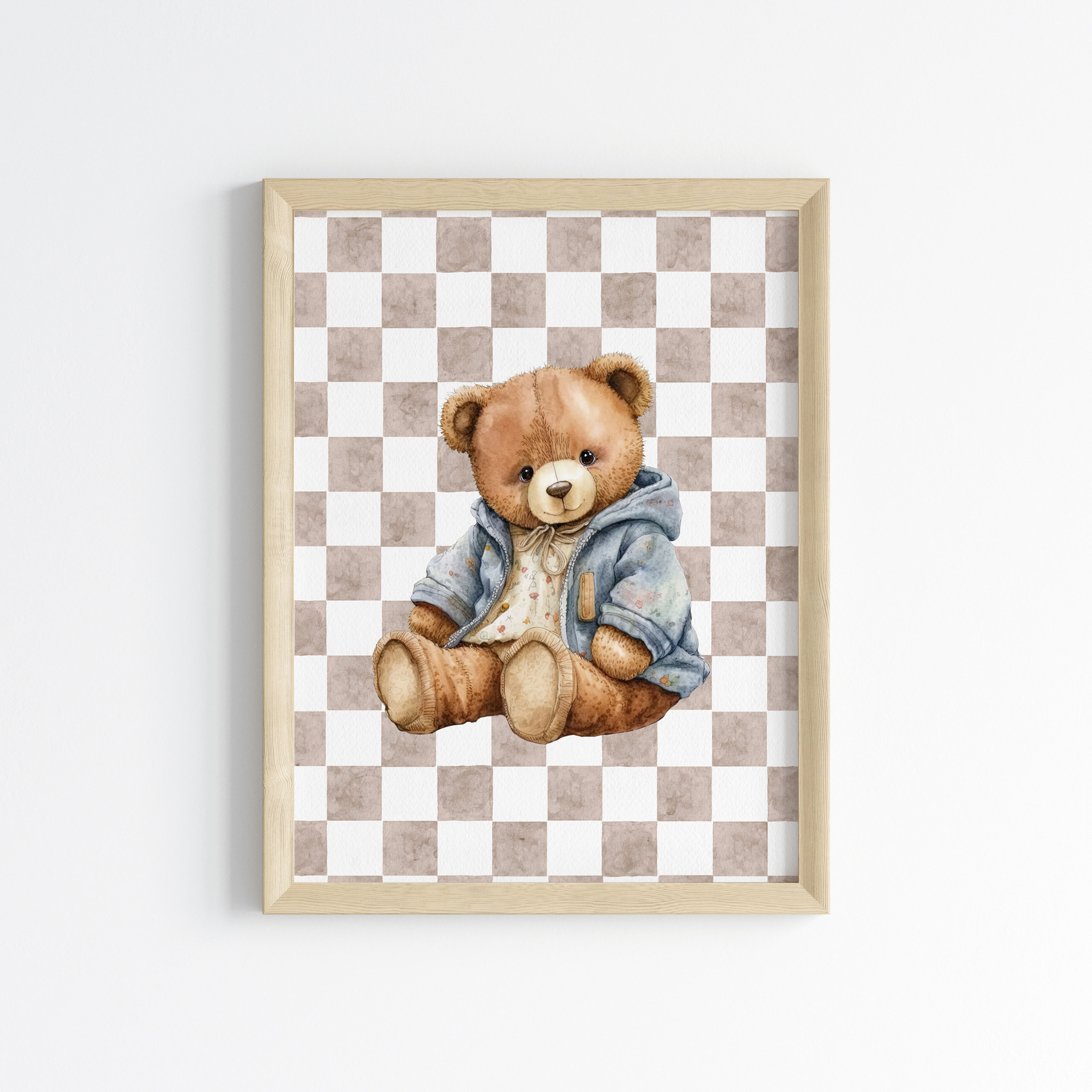 Vintage Teddy Bear Nursery Wall Art Neutral Baby Boy Room Checkered Printable