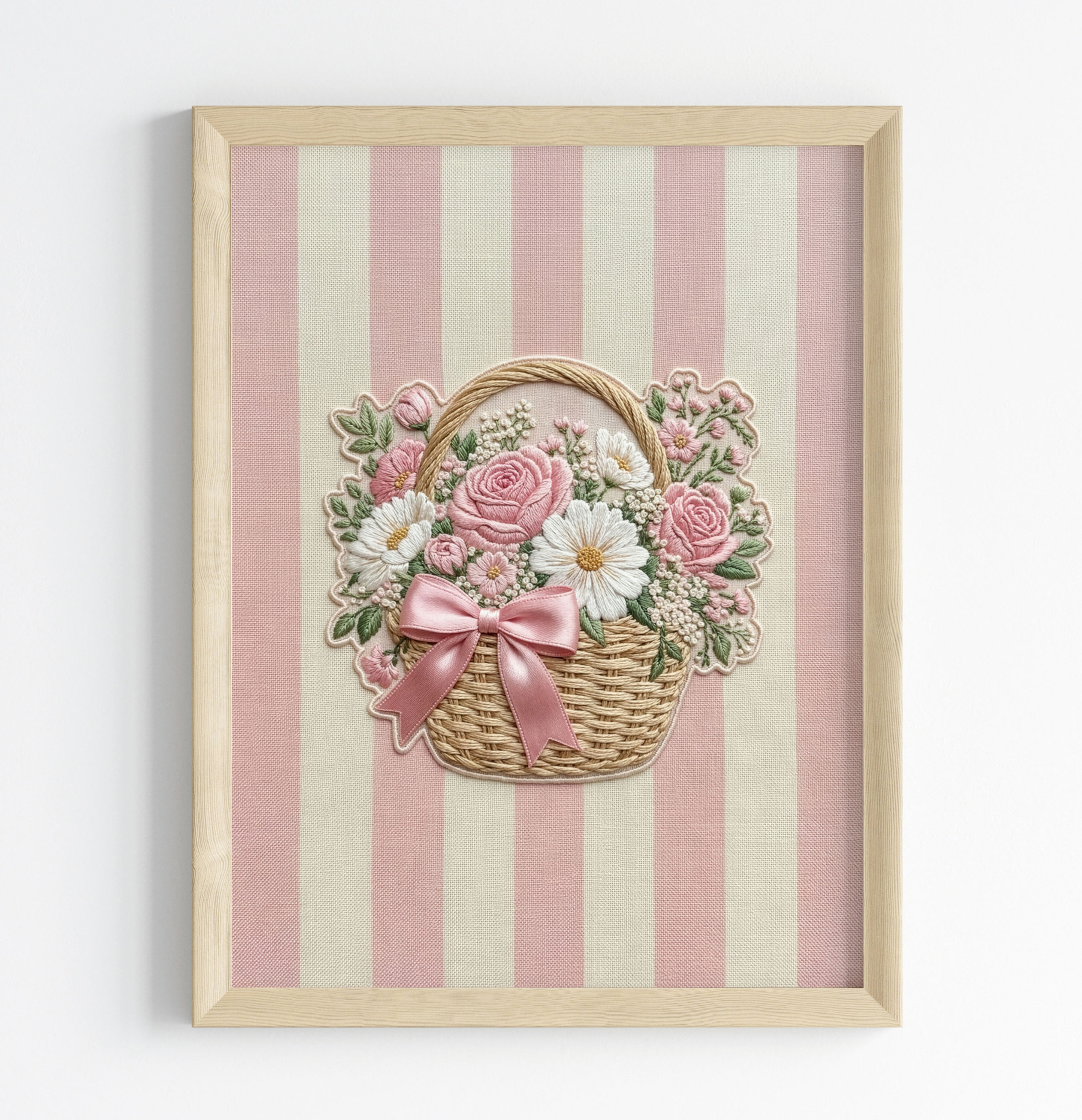 Pink Floral Basket Wall Art Printable Embroidery Style Nursery Printable