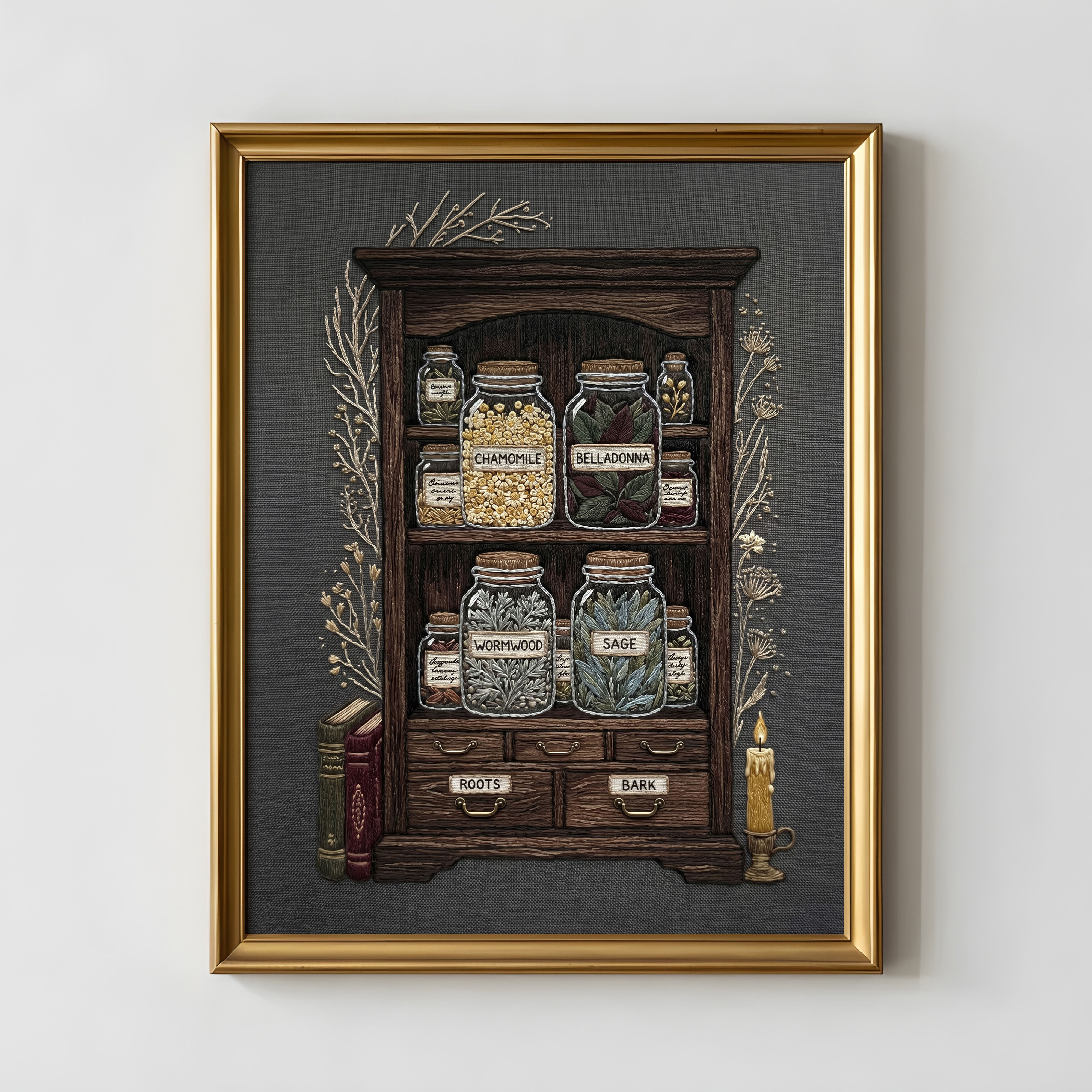Dark Academia Apothecary Wall Art Print | Embroidery Style