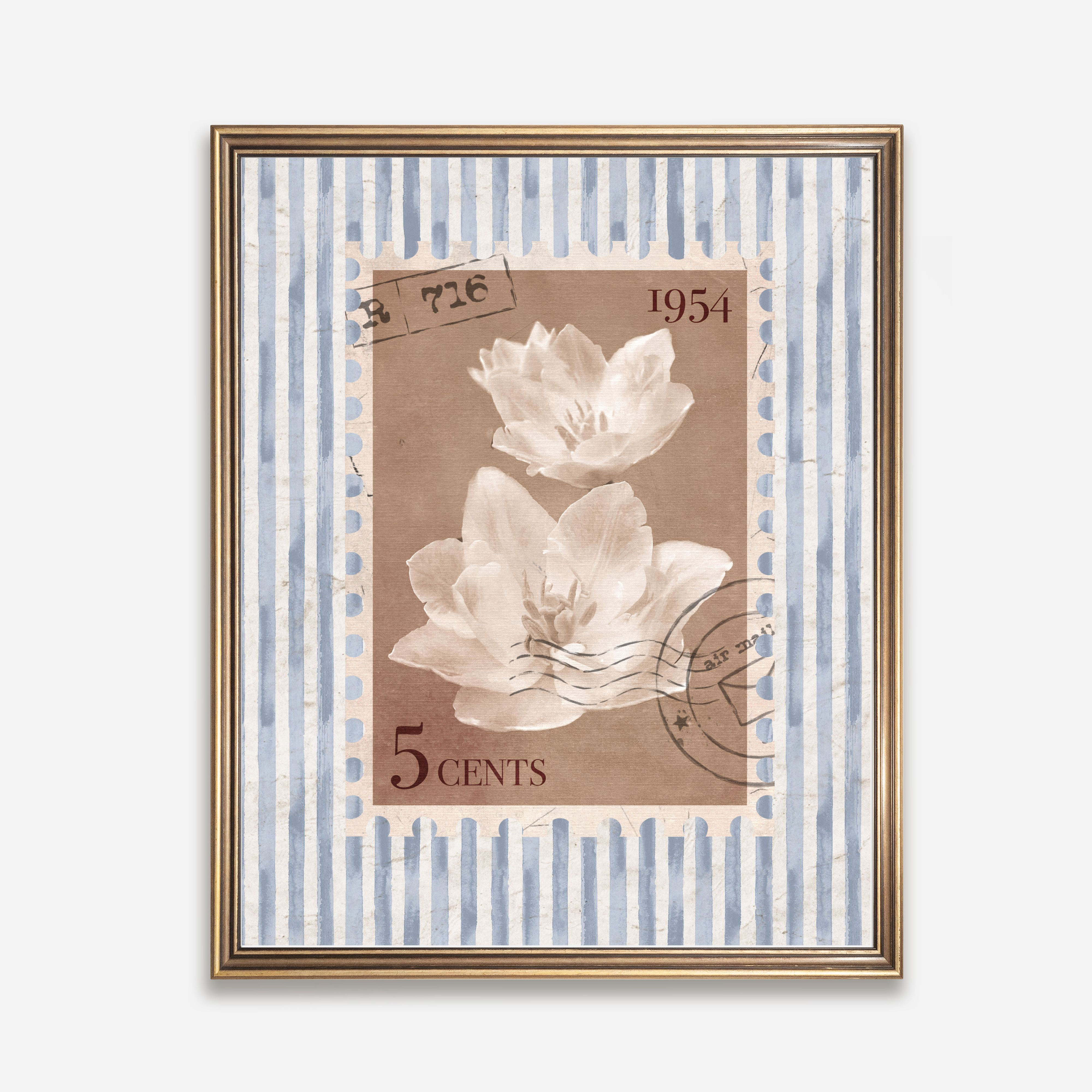 Vintage Floral Postage Wall Art Blue Striped Cottagecore Printable Decor
