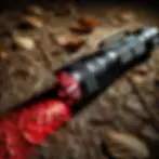 Blood tracking flashlight with a red beam illuminating a blood trail on a forest floor, showcasing its effectiveness for hunting.