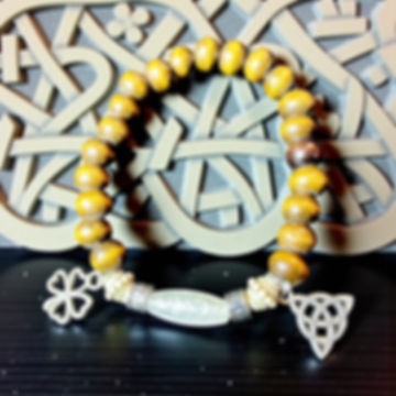 Wood, White & Silver Triquetra & 4-Leaf Clover Bracelet