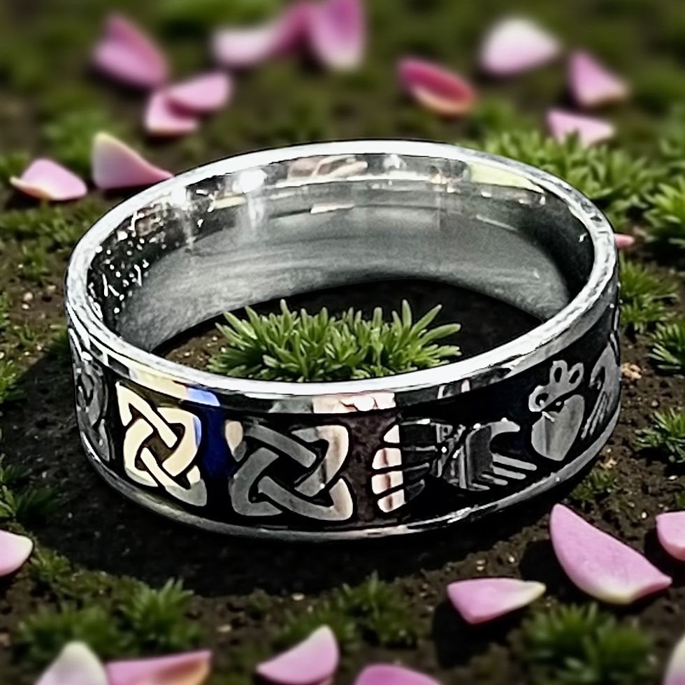 Thumbnail: Silver and Black Claddagh & Celtic Knot Pattern Band