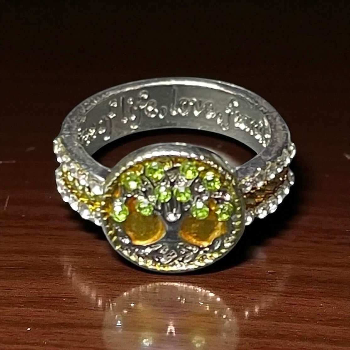 Yellow and Green Gem Silver Tree of Life Ring