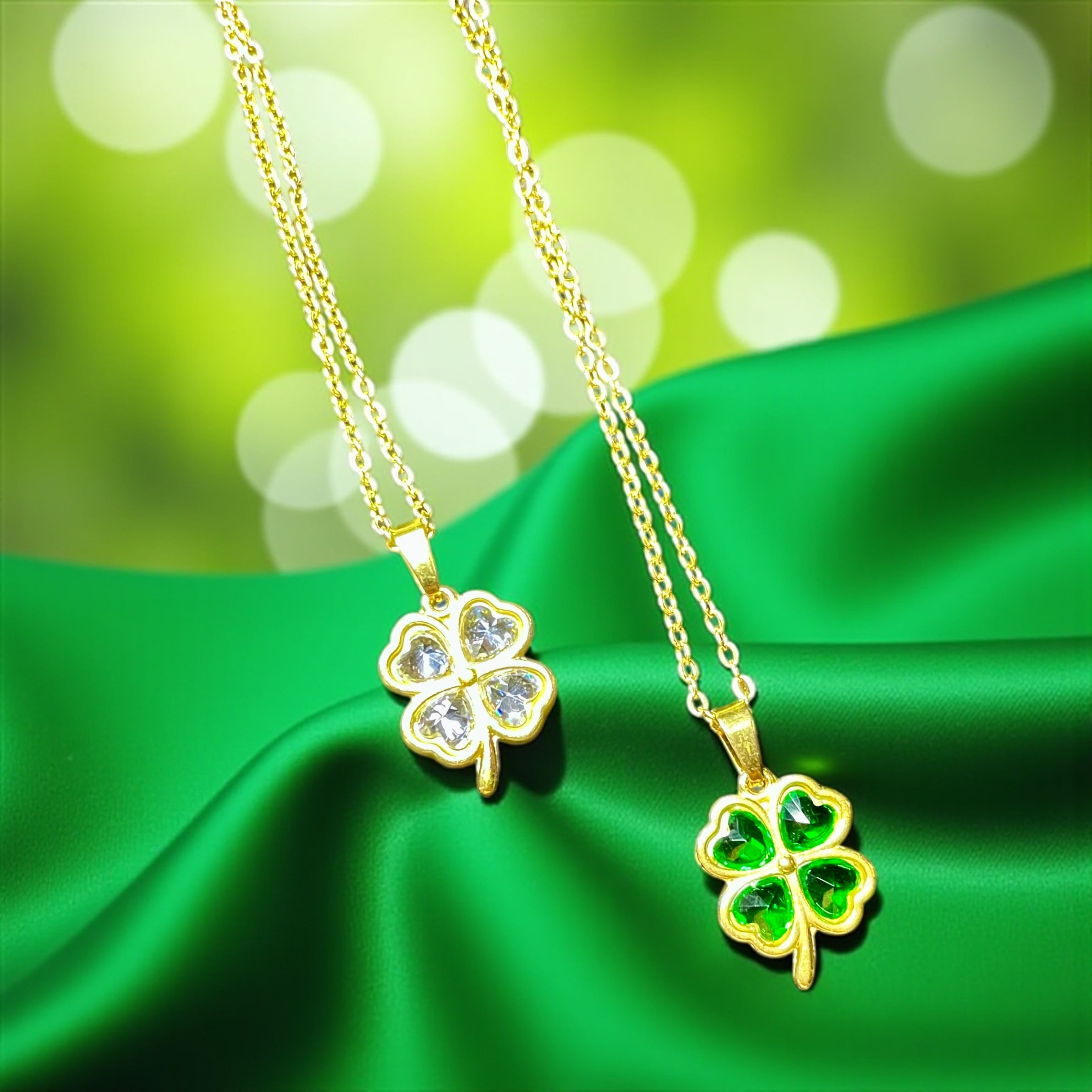 White or Green Transparent Stone 4-Leaf Clover Necklace