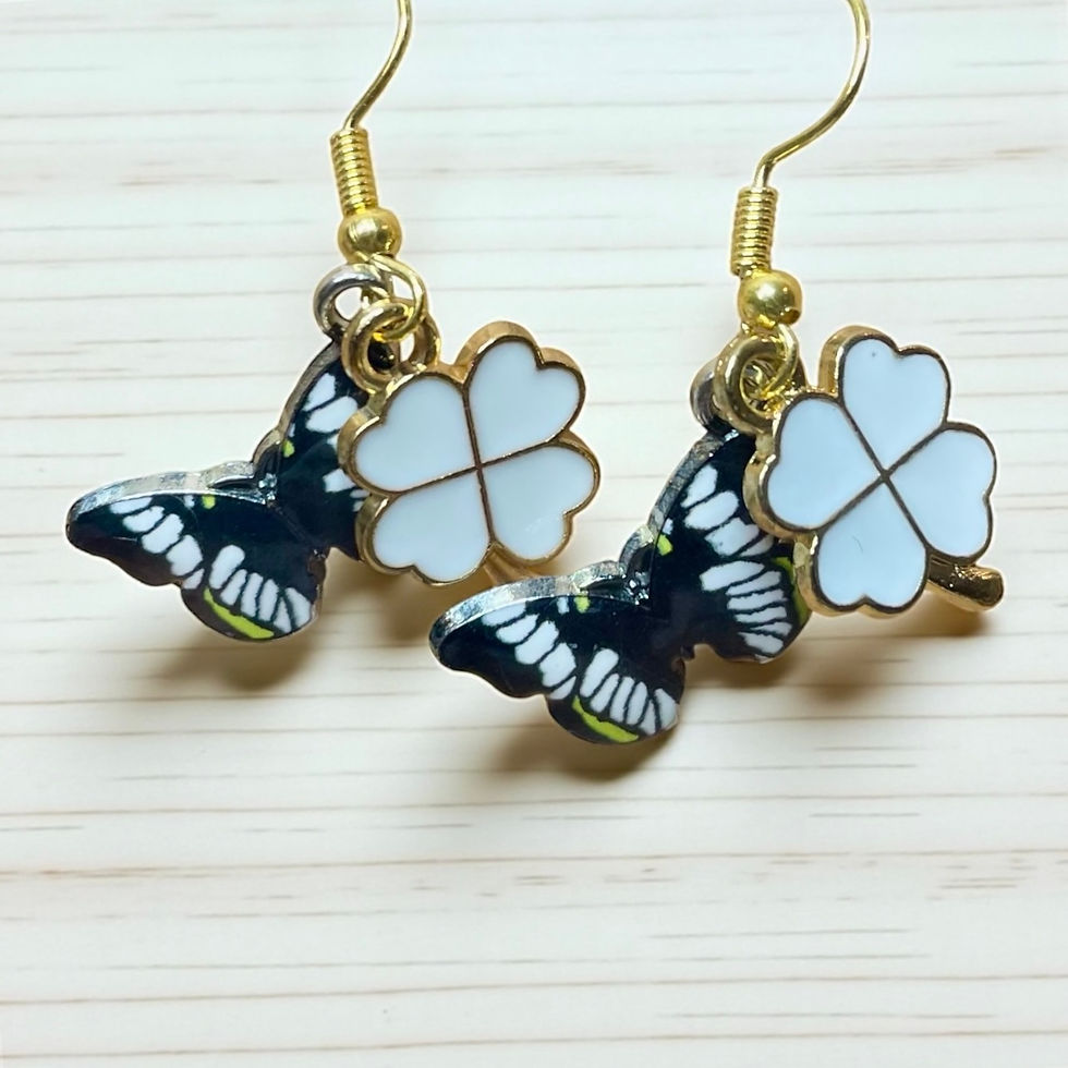 Thumbnail: Black/White/Green Butterfly & 4-leaf clover Dangle Earrings