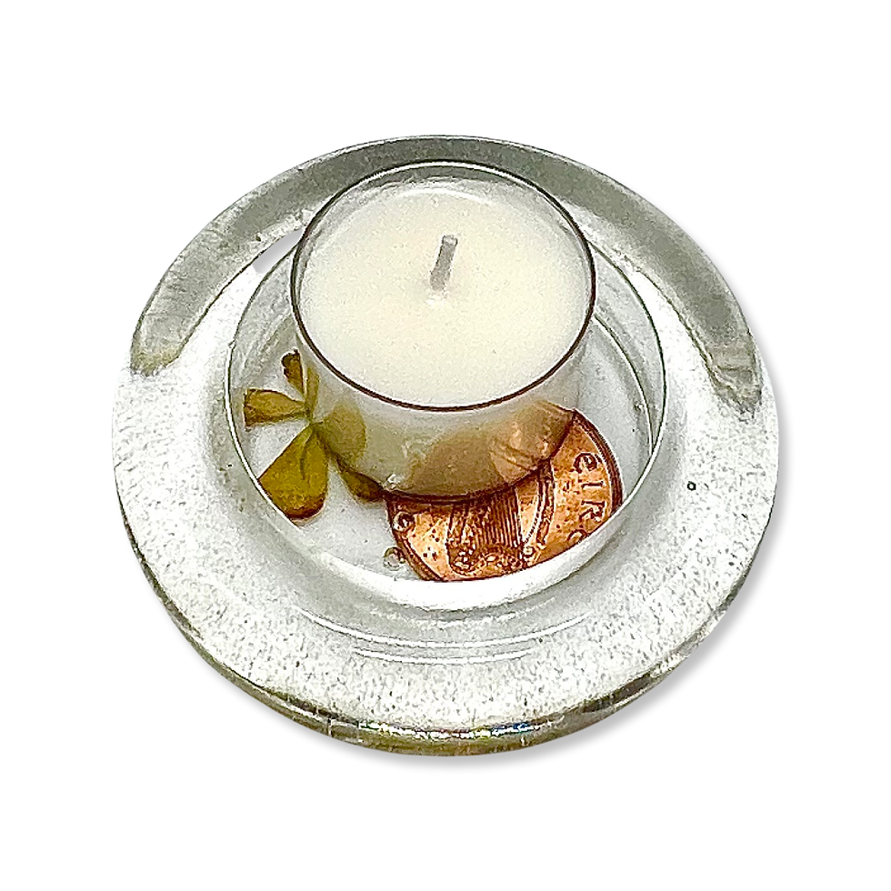 Thumbnail: Clear Round Tea Light Holder+1968 Irish Penny+4 Leaf Clover