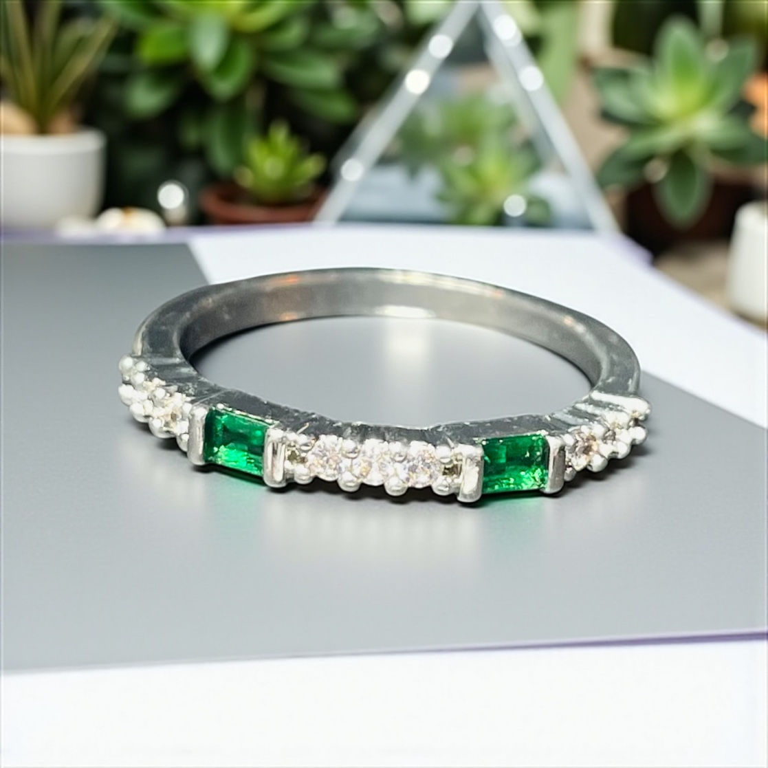 Silver Minimalist Band with Green Baguette and Round White Stone Accents