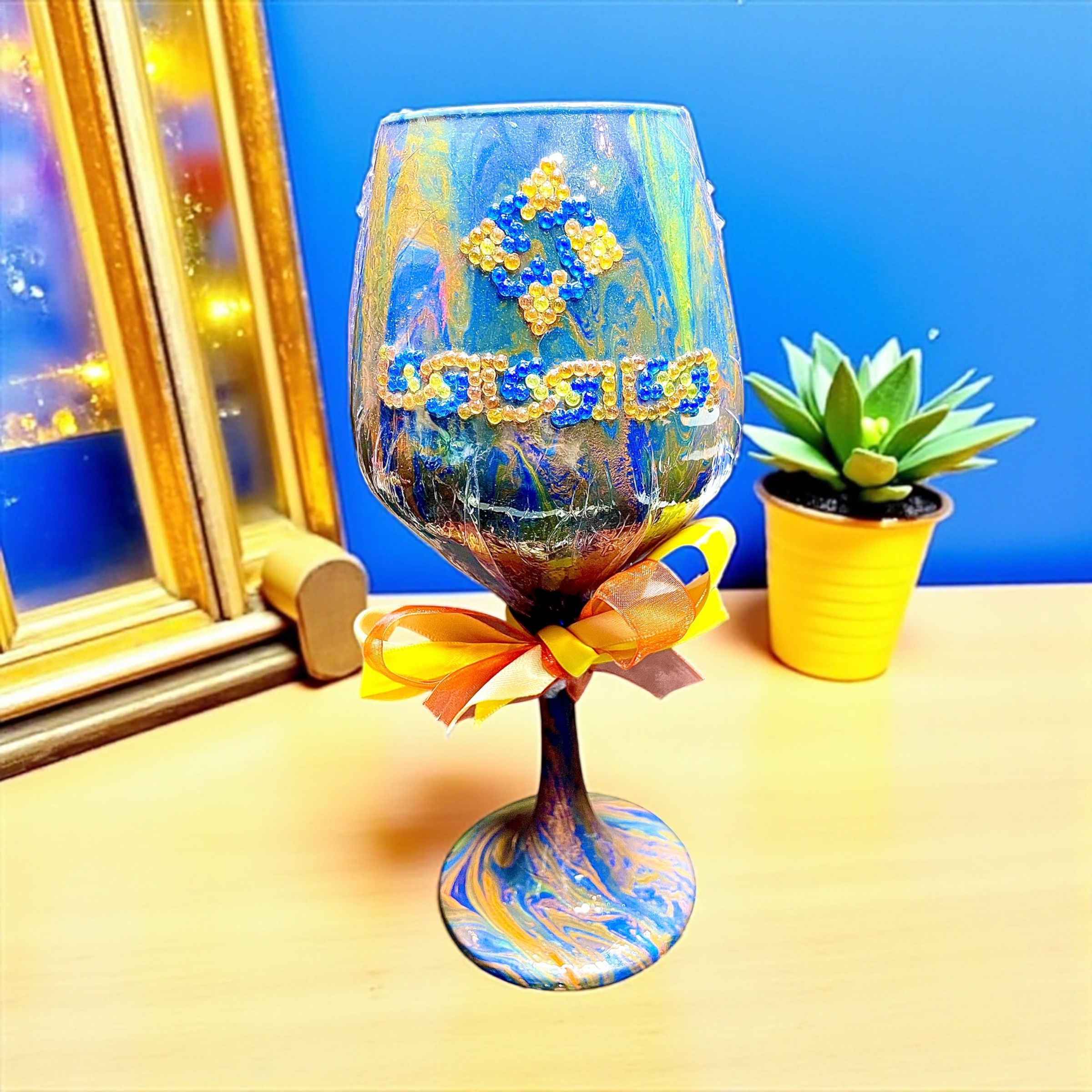 Paint Pour/Irish Knot Bling/Imported Irish Sweets Wine Glass-Blue/Orange