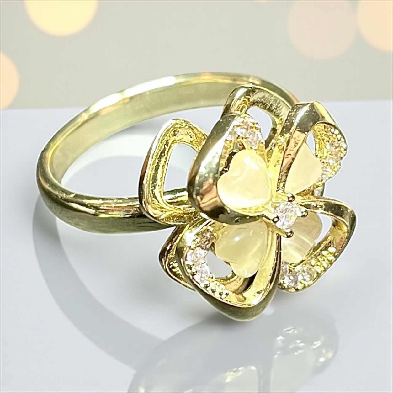Layered Cutout Pearly Rhinestone Four Leaf Clover Fidget Spinner Ring