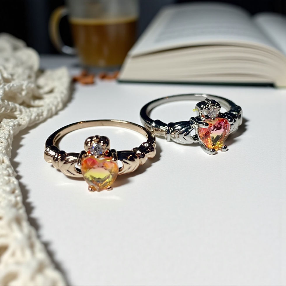 Thumbnail: Pink to Yellow/Orange Stone Claddagh with Cubic Zirconia Detail