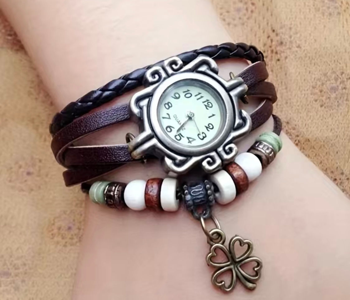 Boho Leather/Bronze/Antique Shamrock Cuff Bracelet Watch