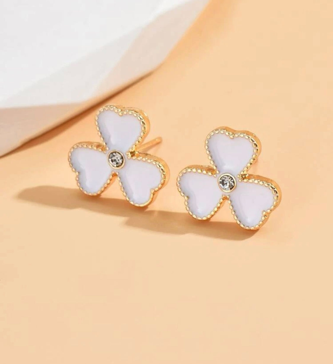 White & Rhinestone Clover Stud Earrings