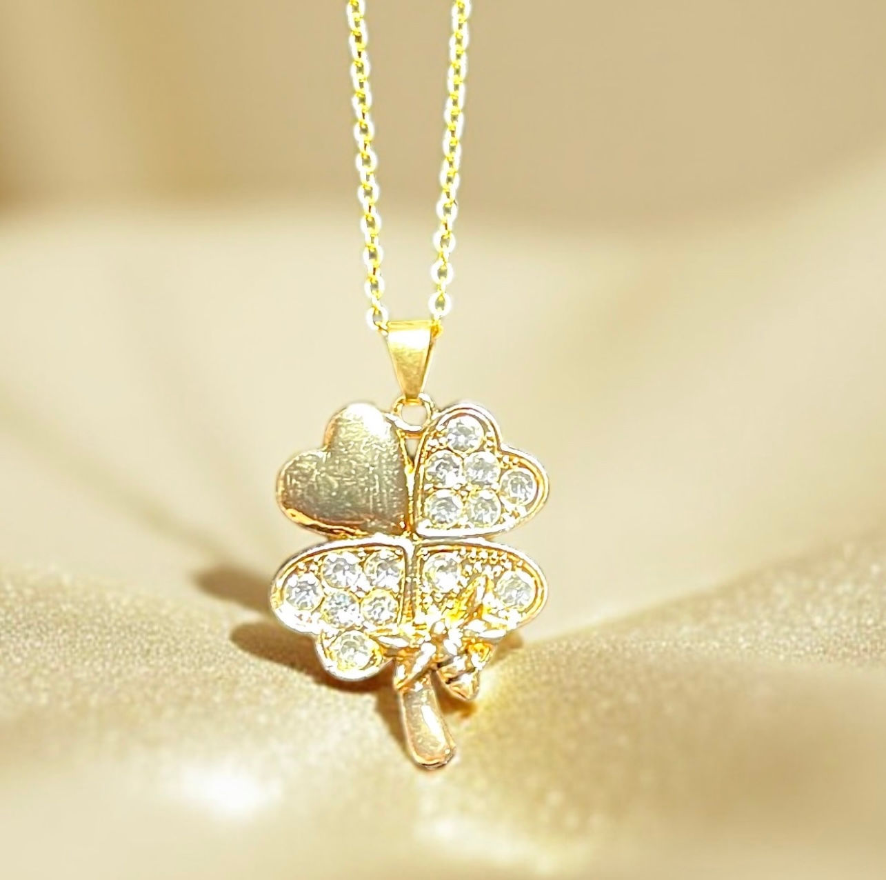 Golden Rhinestone & Bee Accent 4-Leaf Clover Necklace