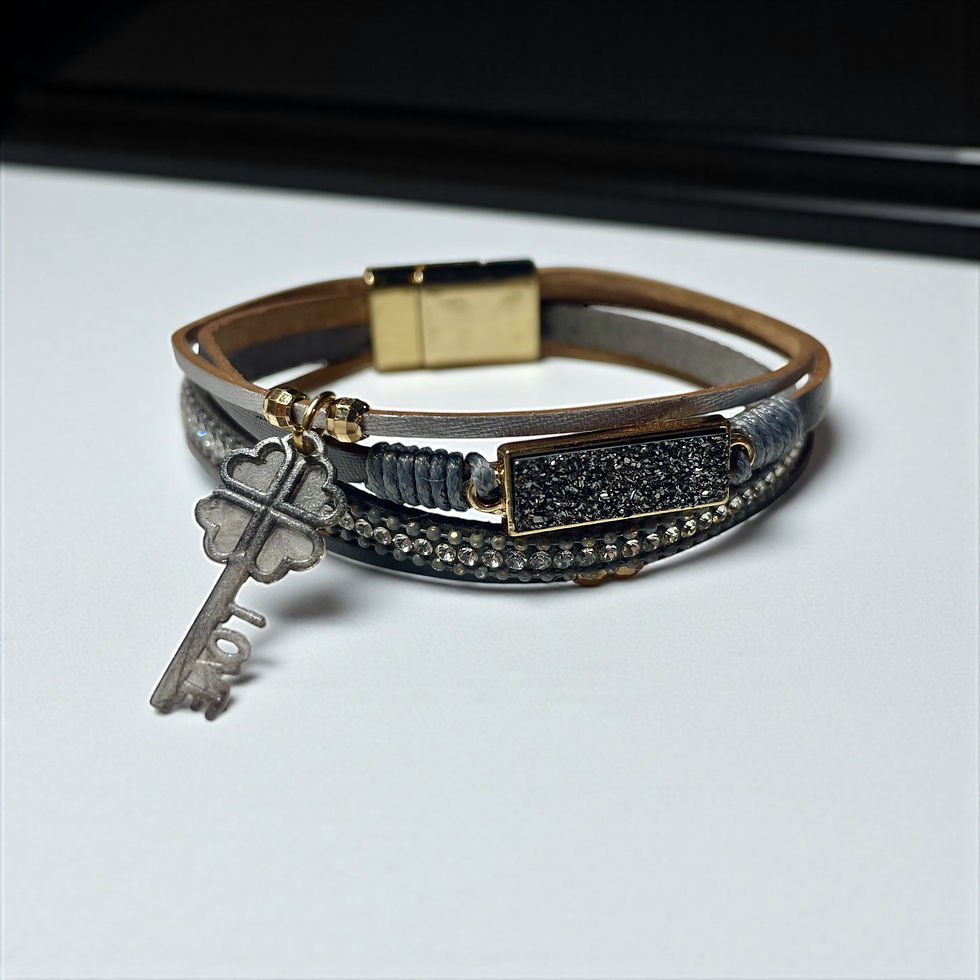 Thumbnail: Silver Layered Strand Leather & Charm Cuff Bracelet