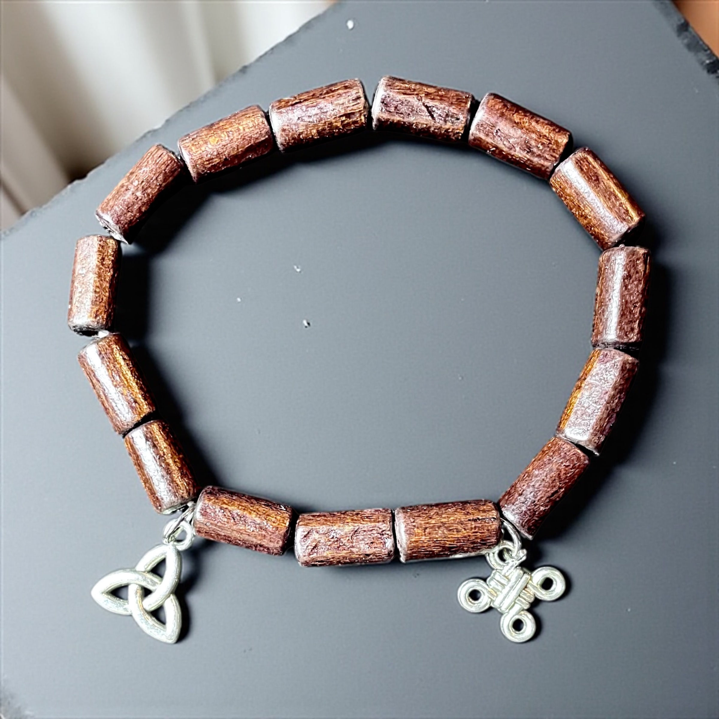 Wooden Bead and Silver Celtic Knot Charms Bracelet
