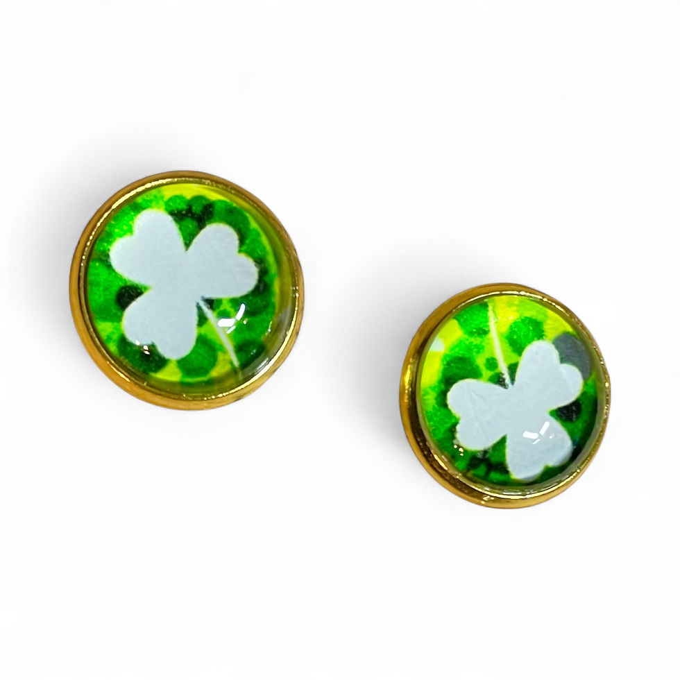 Thumbnail: Green Bubble Pattern White Shamrock Mini Cabochon Stud Earrings