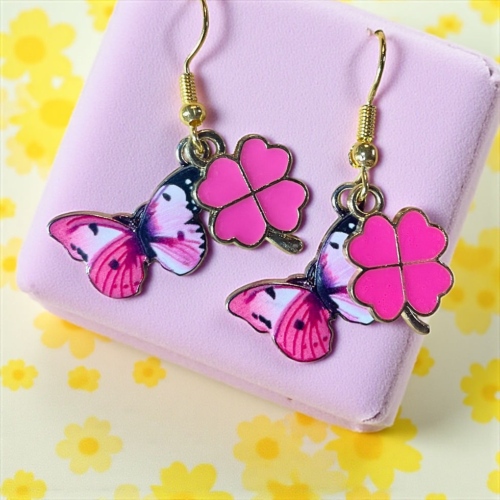 Thumbnail: Hot Pink Butterfly & 4-leaf clover Dangle Earrings