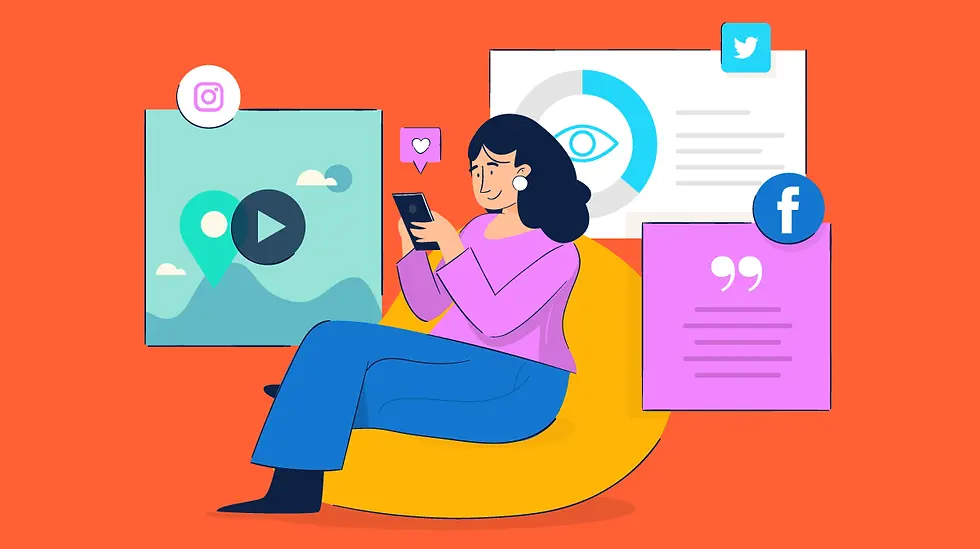 A girl sitting on a beanbag and scrolling through social media platforms