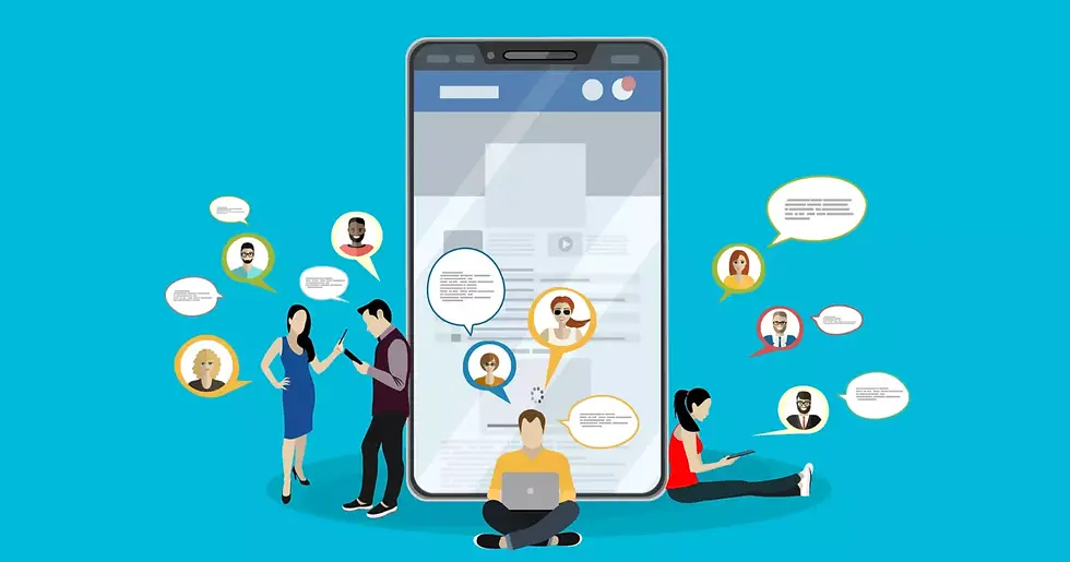 A phone with people sitting around spreading messages