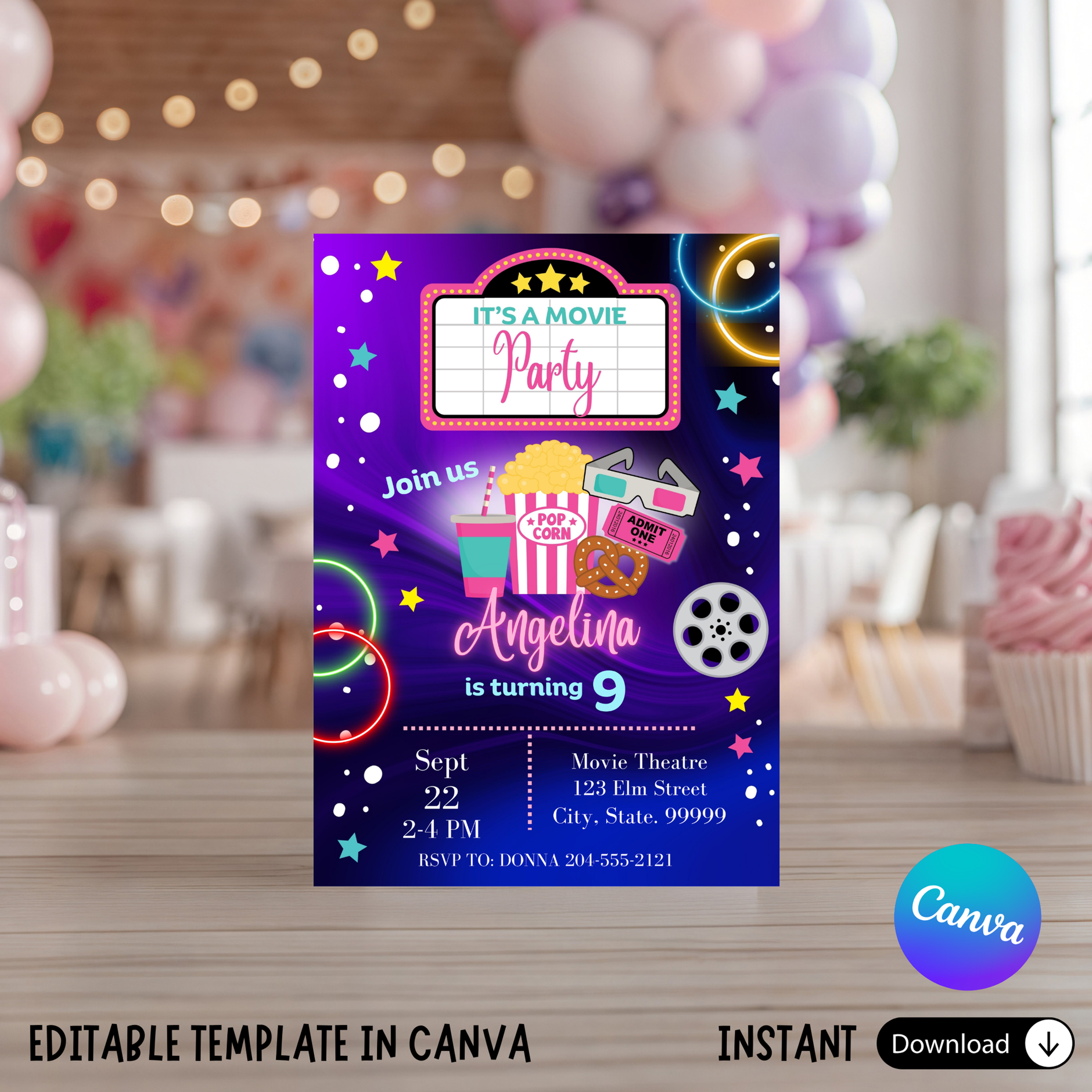 Editable Pink & Purple Movie Night Birthday Invitation - Girl Movie Party Ticket