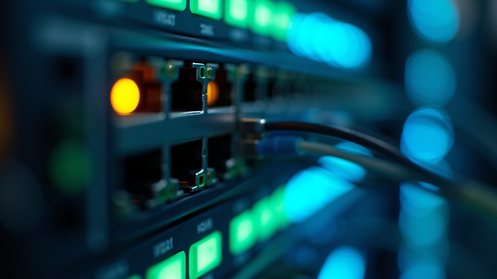 Close-up view of a network switch with cables connected during staging